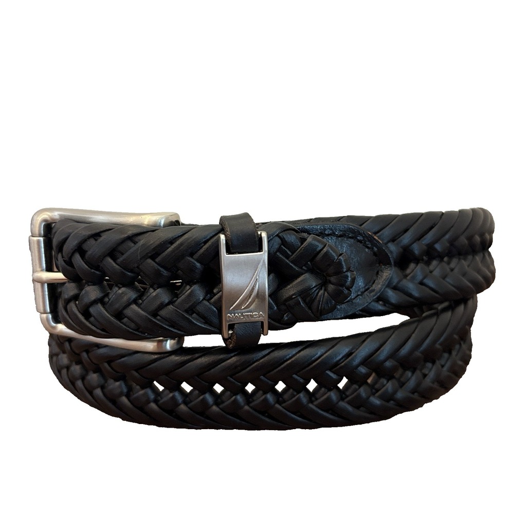 Men's NAUTICA Black Braided‎ Belt Brushed Silver Roller Buckle 38 Bonded Leather